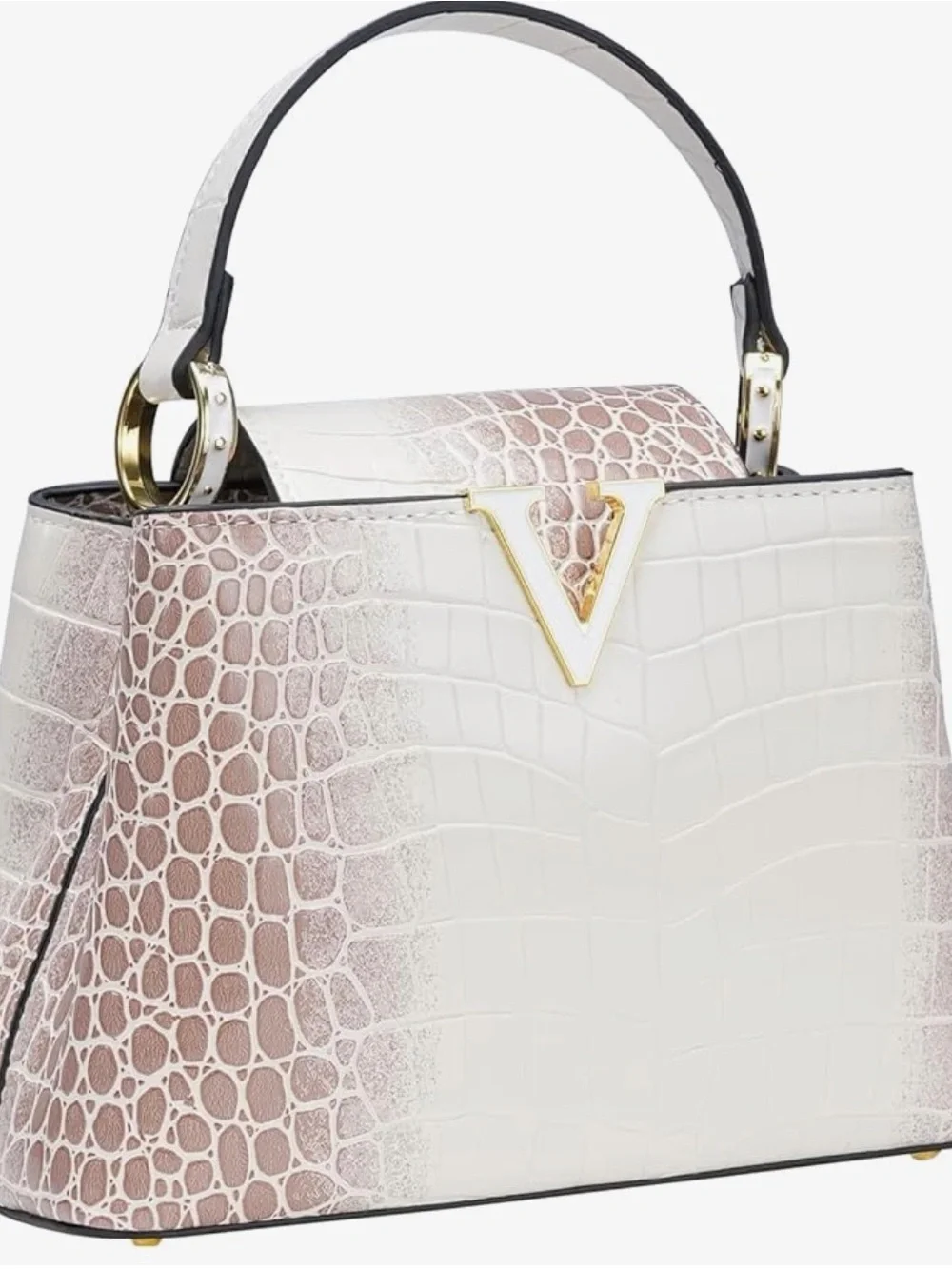 Croc-Embossed Top Handle Bag in Cream and Brown